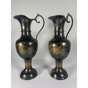 Vintage Brass Footed Black and Gold Etched Pitchers, Set of 2